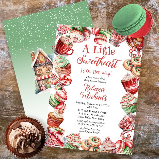 Eine kleine Sweetheart Bäckerei Frame Baby Dusche Einladung ("A Little Sweetheart Is On Her Way" Christmas Holiday Candy Frame Girl Baby Shower Invitation)