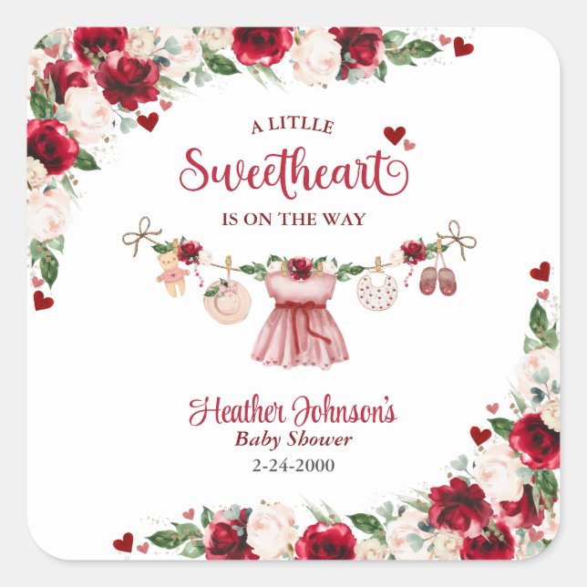 Eine kleine Sweetheart Valentine Girl Baby Dusche Quadratischer Aufkleber (Vorderseite)