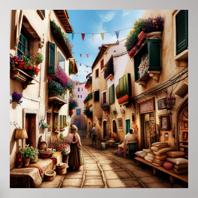 Eine kleine Touristenstadt mit kleinen Gassen Blum Poster (Vorne)