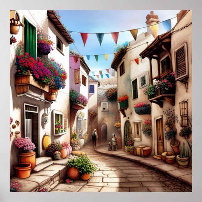 Eine kleine Touristenstadt mit kleinen Gassen Gesc Poster (Vorne)