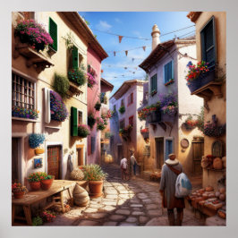 Eine kleine Touristenstadt mit kleinen Gassen und Poster