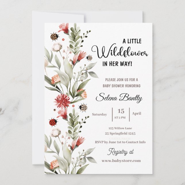Eine kleine Wildblume Baby Girl Dusche Ladybug Einladung (Vorderseite)