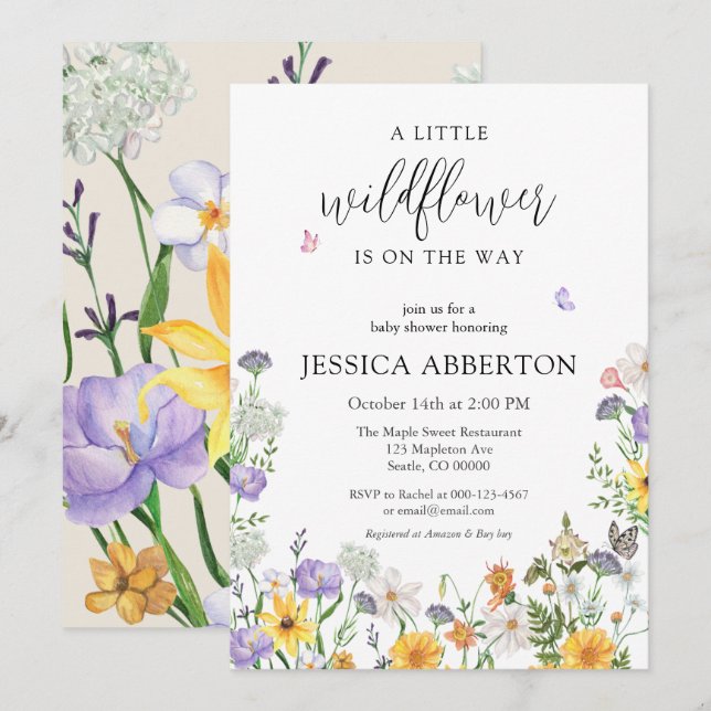 Eine kleine Wildblume blaurosa neutrale Babydusche Einladung (Vorne/Hinten)