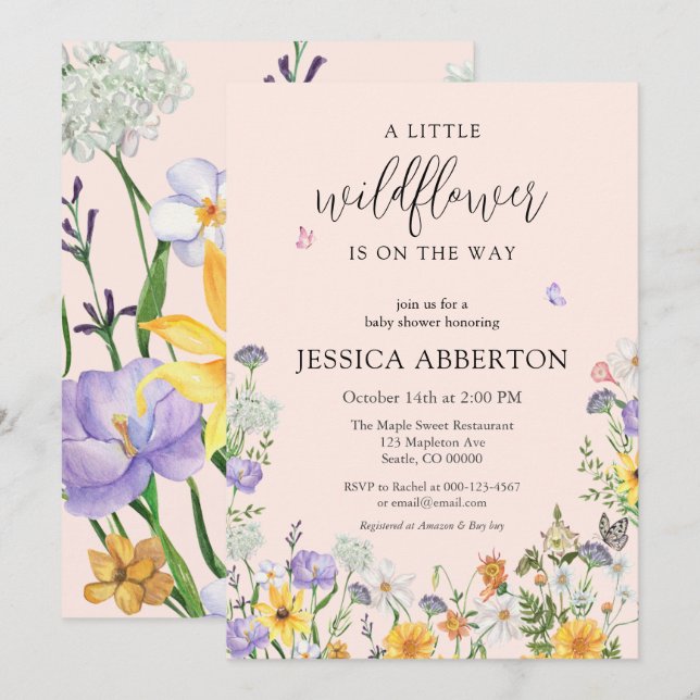 Eine kleine Wildblume blaurosa neutrale Babydusche Einladung (Vorne/Hinten)