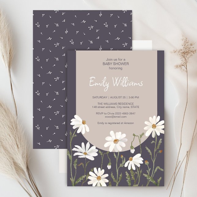 Eine kleine Wildblume, eine kleine Dusche für Kind Einladung (Daisy wildflower watercolor baby in bloom floral shower invitation in purple colors, rustic, boho)