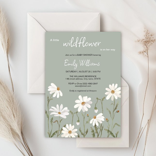 Eine kleine Wildblume, eine kleine Dusche für Kind Einladung (Daisy wildflower watercolor baby in bloom floral shower invitation in sage colors, rustic, boho)