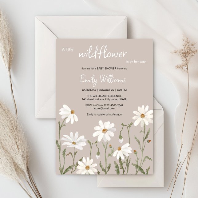 Eine kleine Wildblume, eine kleine Dusche für Kind Einladung (Daisy wildflower watercolor baby in bloom floral shower invitation in beige colors, rustic, boho)