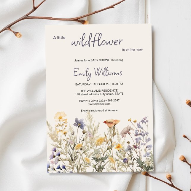 Eine kleine Wildblume Girl Babydusche Boho Floral Einladung (A Little Wildflower Girl Baby Shower Invitation – Boho Floral Pink & Beige Design)