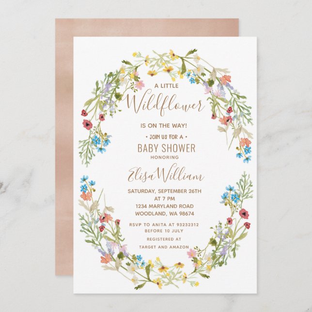 Eine kleine Wildblume ist auf dem Weg Baby Shower  Einladung (Vorne/Hinten)