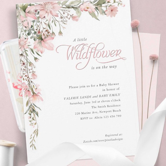 Eine kleine Wildblume Pink Floral Baby Dusche Einladung (Pink wildflower and elegant calligraphy style, Baby Girl shower invitation.)
