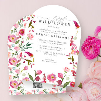 Eine kleine Wildblume QR Code Rosa Aquarelldusche Einladung