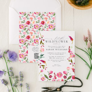 Eine kleine Wildblume QR Code Rosa Aquarelldusche Einladung