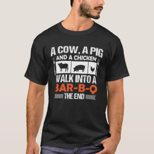 Eine Kuh, ein Schwein und ein Huhn laufen in ein B T-Shirt