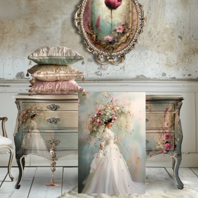 Eine Lady & ein Parasol, ein weißes Blumenportrait Seidenpapier (One Fine Day, Lady with a parasol, French Victorian, Whimsical Floral, Decoupage Tissue Paper)
