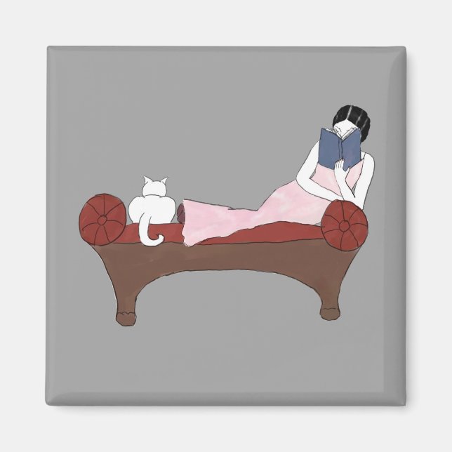 Eine Lady, eine Katze und ein sehr gutes Buch Magn Magnet (Vorne)