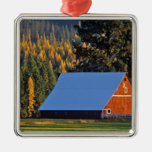 Eine landwirtschaftlich genutzte rote Scheune, erb Silbernes Ornament