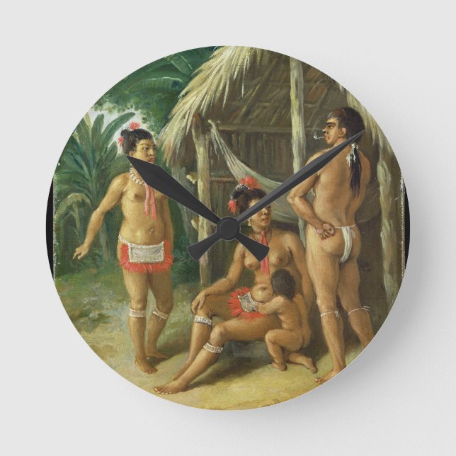 Eine Leewardinselncarib-Familie außerhalb einer Runde Wanduhr (Vorderseite)