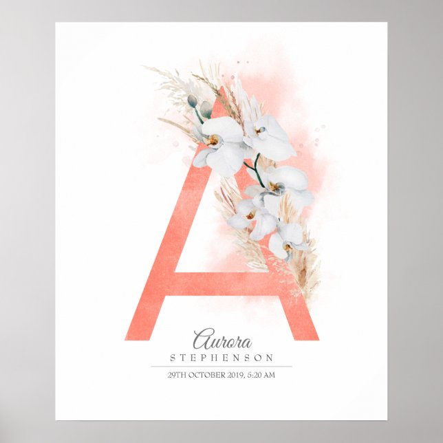 Eine Letter Monogram White Orchias und Pampas Gras Poster (Vorne)