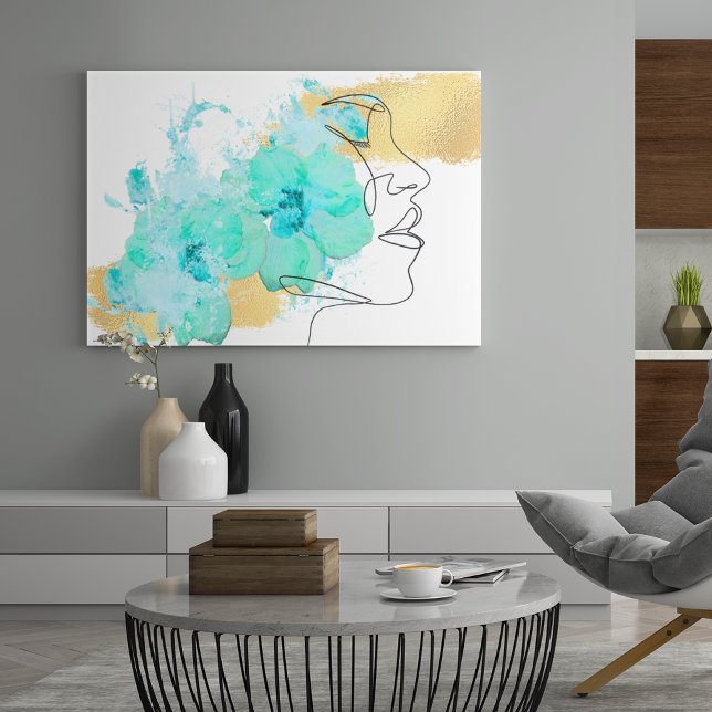 Eine Linie Gesichtskunst mit blauen Blumen Flecken Leinwanddruck (Von Creator hochgeladen)