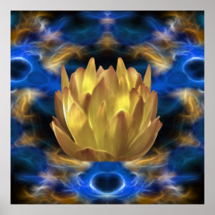 Eine Lotus-Blume mit Goldfarben und Reflexionen Poster
