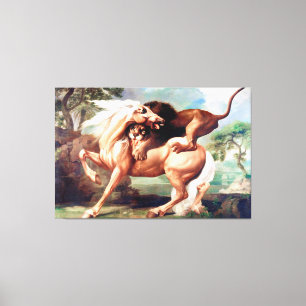 Eine Löwe attackiert ein Pferdegemälde -17620 Leinwanddruck