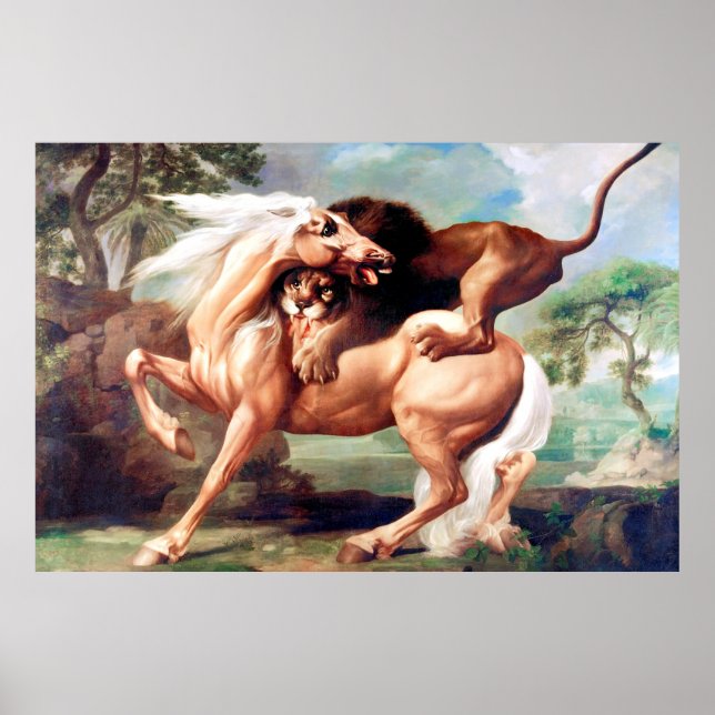 Eine Löwe attackiert ein Pferdegemälde -17620 Poster (Vorne)
