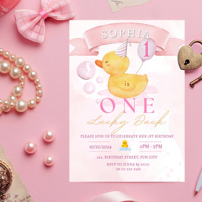 Eine Lucky Duck Pink Girl Rubber Duck 1. Geburtsta Einladung (One Lucky Duck Pink Rubber Duck 1st Birthday Invitation)