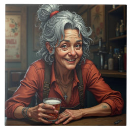 Eine lustige Comic-ältere Frau in der Bar mit Bier Fliese