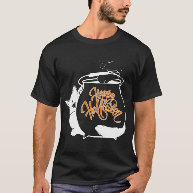 Eine lustige Katze hinter Cauldron, glückliches Ha T-Shirt (Vorderseite)