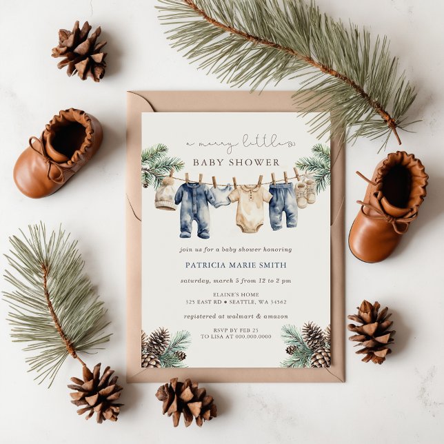 Eine lustige kleine Babydusche Weihnachtsdusche Einladung (Rustic Blue Boy Merry Little Christmas Baby Shower Invitations)