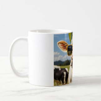 Eine lustige Kuh mit Sonnenbrille auf einem Feld Kaffeetasse