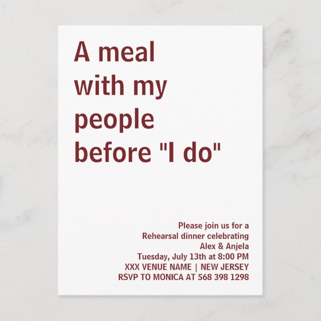 Eine Mahlzeit mit meinen Leuten vor "I do" Spaß ru Postkarte (Vorderseite)