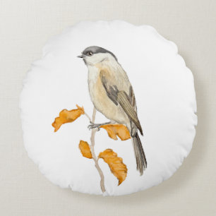 Eine Meise auf einem Ast. Aquarellmalerei. Rundes Kissen