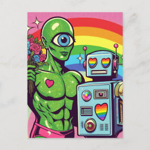 Eine Mit Augen grüne Alien und ein Roboter in der  Postkarte
