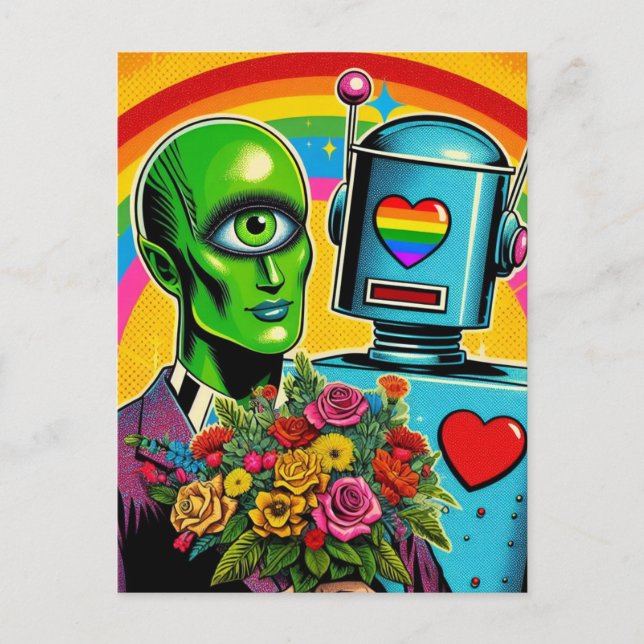Eine Mit Augen grüne Alien und eine Robot-Hochzeit Postkarte (Vorderseite)