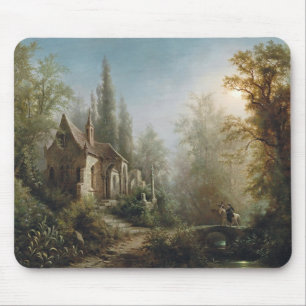 Eine mondbeleuchtete Nacht über eine Kapelle und R Mousepad