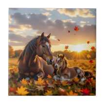 Eine Mutterstute und ihr Fohlen im Herbst