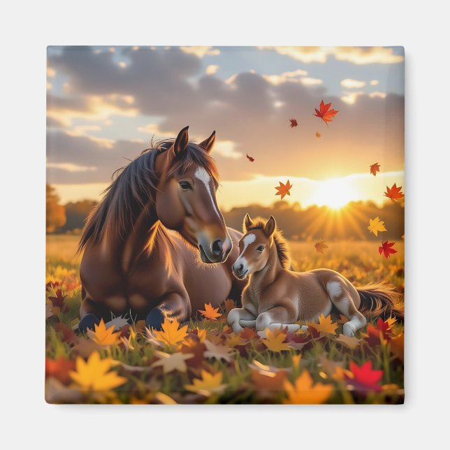 Eine Mutterstute und ihr Fohlen im Herbst Magnet (Vorne)