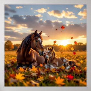 Eine Mutterstute und ihr Fohlen im Herbst Poster