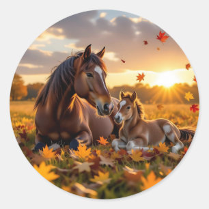 Eine Mutterstute und ihr Fohlen im Herbst Runder Aufkleber