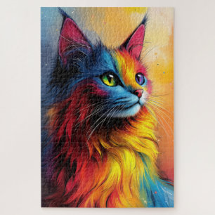 Eine mystische Katze mit leuchtendem mehrfarbigem Puzzle