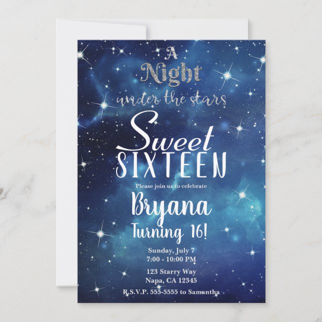Eine Nacht unter dem Star Blue Starry Sky Sweet 16 Einladung (Vorderseite)