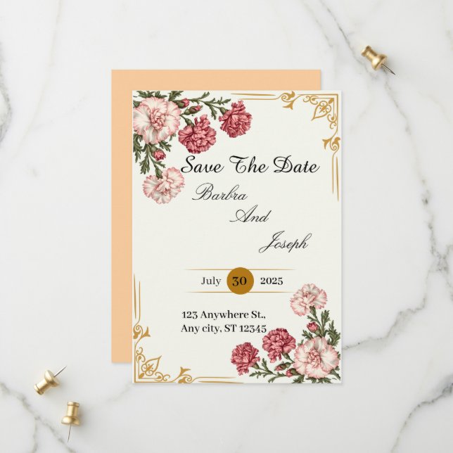 Eine Nelke der Liebe Save The Date (Vorderseite/Rückseite Beispiel)