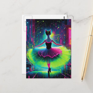 Eine Neon-Ballettkatze in der Cyberpunk-Stadt Postkarte