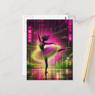 Eine Neon-Ballettkatze in der Cyberpunk-Stadt  Postkarte