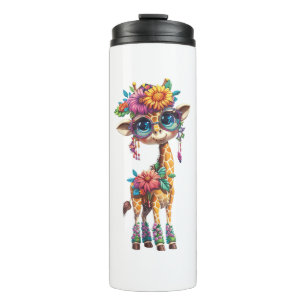 Eine Niedliche Babygiraffe mit Blumen- und Federak Thermosbecher