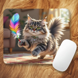 Eine Niedliche, flauschige Katze, die eine Feder j Mousepad