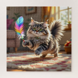 Eine Niedliche, flauschige Katze, die eine Feder j Puzzle