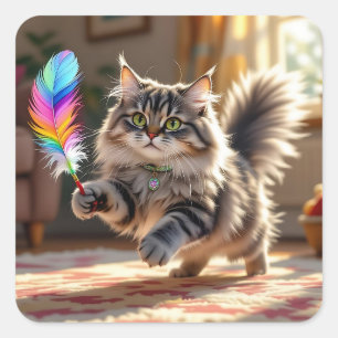 Eine Niedliche, flauschige Katze, die eine Feder j Quadratischer Aufkleber