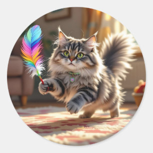 Eine Niedliche, flauschige Katze, die eine Feder j Runder Aufkleber